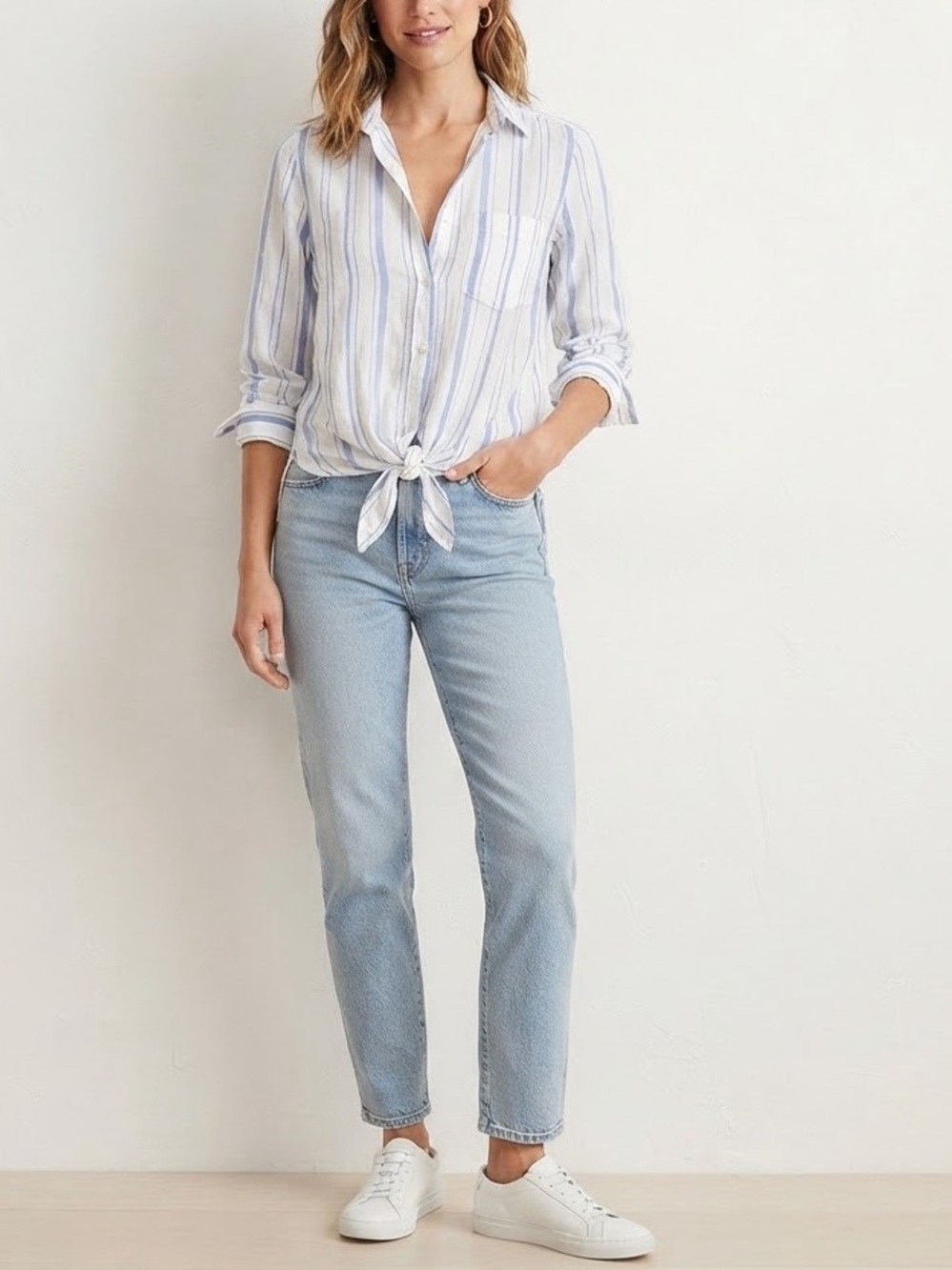 GAP Blue White Vertical Stripe Button Down Shirt Front Tie Blouse Pocket Sz S💛